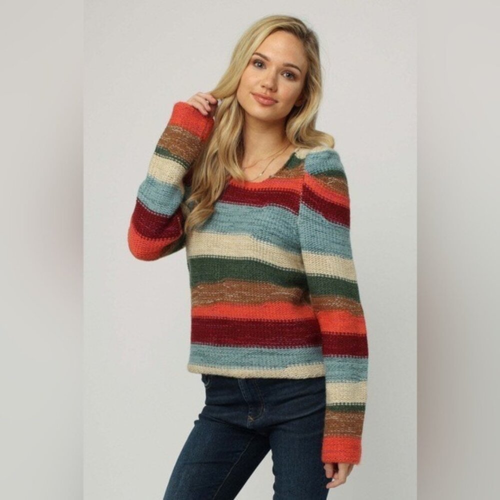Dear John Denim Leah Fruit Stripe Puff Sleeve Wool-Blend‎ Sweater Size L Warm